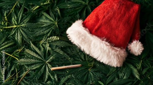 Santa claus hat on green marijuana leaves, festive christmas and winter holiday concept with hemp foliage, seasonal celebration, natural herbal theme, red and green background, creative december holid