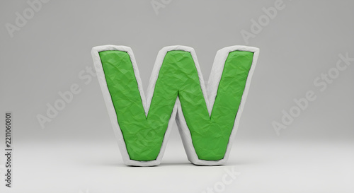 3D Rendered Letter W Featuring a Textured Green Surface and White Border Outline on a Soft Neutral Background