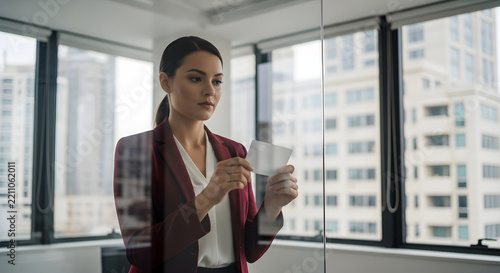 Professional businesswoman examining a small note while standing in a modern office with large glass windows overlooking a city skyline