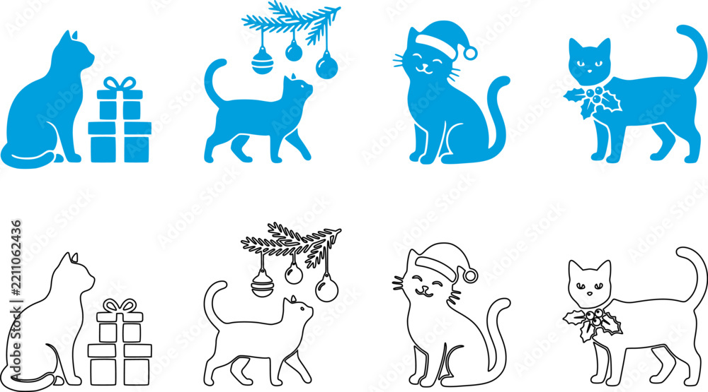 Obraz premium Collection of stylized cat silhouettes in various poses and color schemes