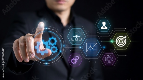 Business Technology and Digital Transformation Concept with Gears, Analytics and Target Interface