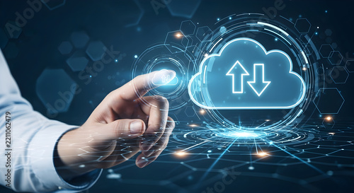 Businessman interacting with a futuristic digital interface to manage cloud data synchronization and secure server information storage