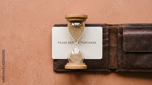 Hourglass and credit card with pause before purchase text