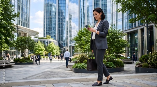 Professional businesswoman in business suit using smartphone outdoors in modern city with business woman city street office worker modern building