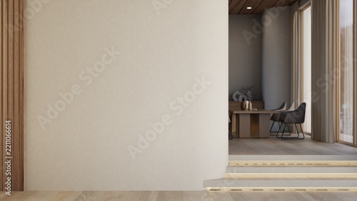 Empty beige white wall with glowing steps leading to a dining area and large glass windows.