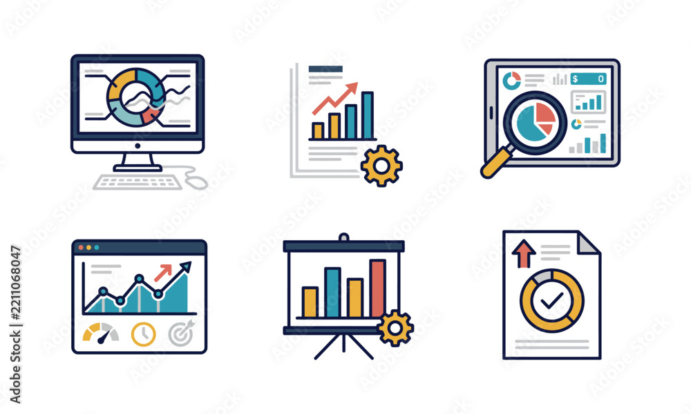 Obraz premium Collection of colorful business data analysis charts and graphs for presentations