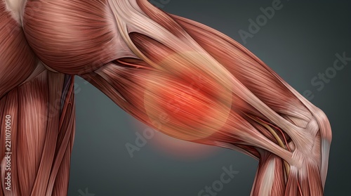 Close-up of human leg muscle fibers and inflammation.