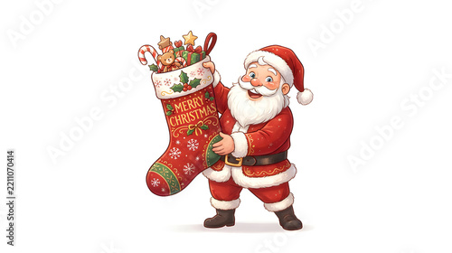 Santa Claus proudly showing a giant Christmas stocking, huge confident smile, festive pose, cute cartoon style, pure white background, copy space.