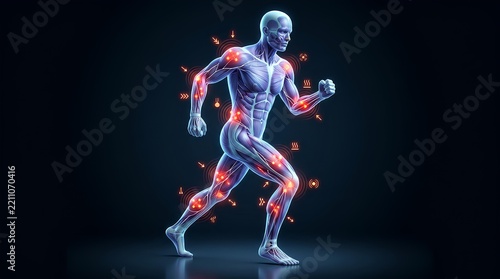 3D human figure running with multiple glowing joint pains.