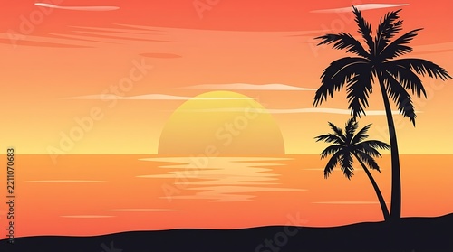 Clean minimalist vector illustration of a big warm sun setting over the calm sea horizon with palm silhouettes on the beach