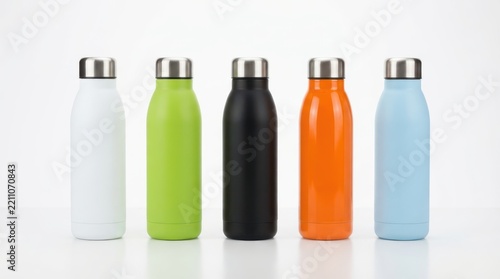 Five colorful reusable stainless steel water bottles isolated on white background