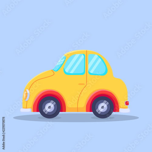 Cute Yellow Vintage Car Cartoon Illustration on Blue Background