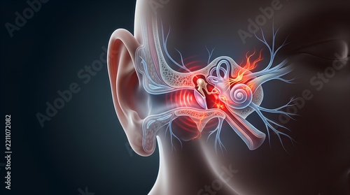 Anatomical illustration of human ear canal showing internal inflammation.