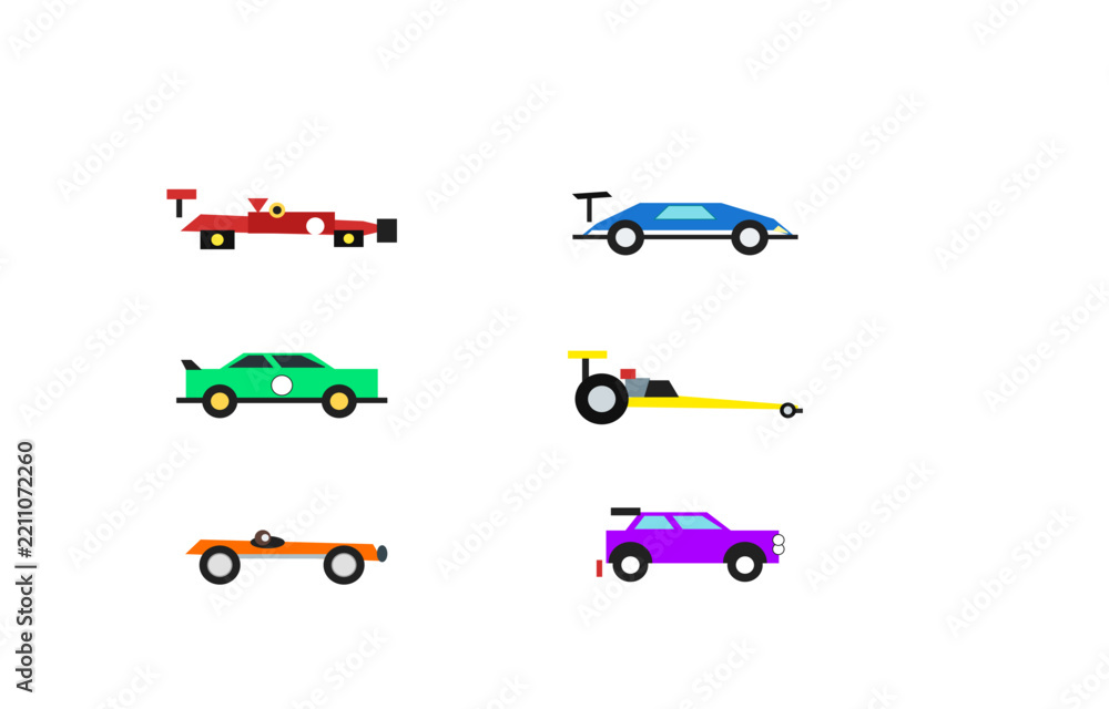 Obraz premium Motorsport race cars icon set bundle, racing vehicles collection flat design vector illustration