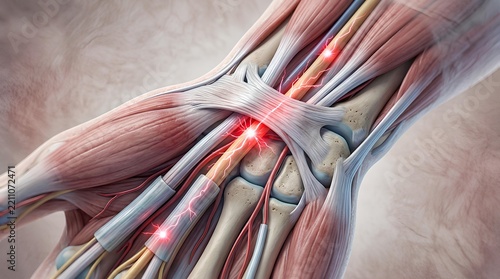 Anatomical illustration of human hand showing wrist joint pain.