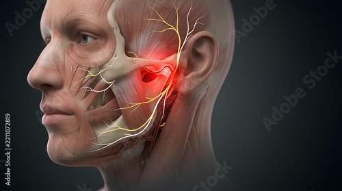 Anatomical illustration of TMJ pain and jaw joint inflammation.