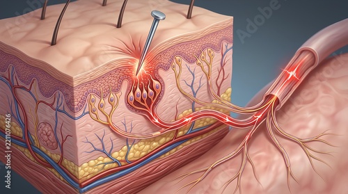 Cross section of skin showing needle and glowing pain nerves.