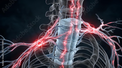 Detailed 3D render of spinal nerve root inflammation.