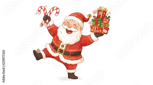  Funny Santa Claus dancing with candy canes and Christmas presents, huge joyful smile, energetic pose, colorful festive details, cute cartoon style, pure white background, copy space.