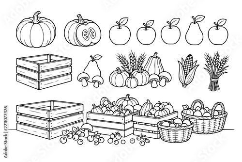 Wooden crates and baskets filled with various farm produce including pumpkins, apples, and wheat sheaves.