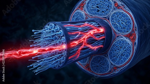 Detailed cross-section of a peripheral nerve bundle firing