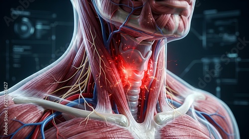 Detailed neck musculature anatomy with glowing red throat pain.