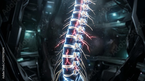Detailed spinal column with glowing nerve endings.