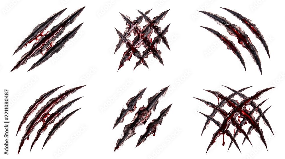 Fototapeta premium Scary claw marks with blood and torn skin on transparent