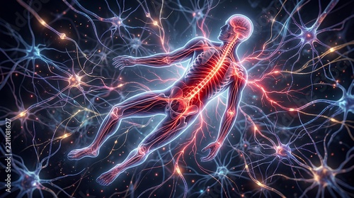 Floating human figure with glowing spine and nervous system.
