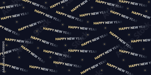 Golden Happy New Year seamless pattern background, dark holiday typographic vector