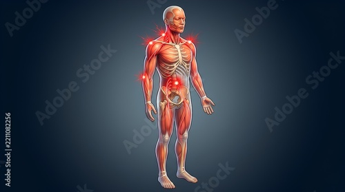 Full body human musculoskeletal system showing multiple pain points.
