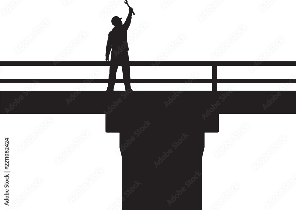Fototapeta premium Silhouette of Worker with Wrench on Bridge Structure