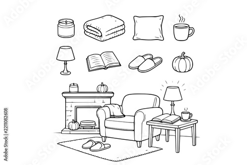 Cozy room illustration showing a comfortable armchair beside a fireplace with various hand-drawn icons above.
