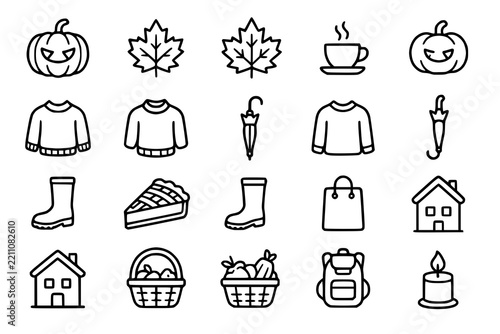 Fall symbols collection displayed as simple line art icons for seasonal design projects.