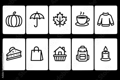 Autumn icons set featuring seasonal outlines including pumpkins, umbrellas, leaves, and cozy drinks.