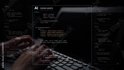 Work continues on a laptop. An AI coding workflow delegates tasks to context, planning, building and review agents, connecting separate contributions with implementation and release.