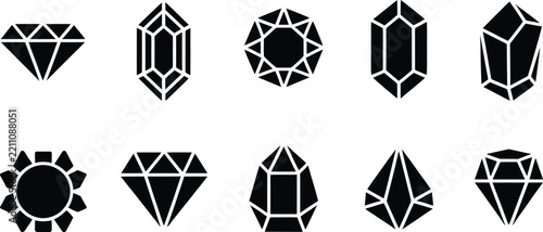 Collection of black gemstone in various shapes and cuts isolated on a white background