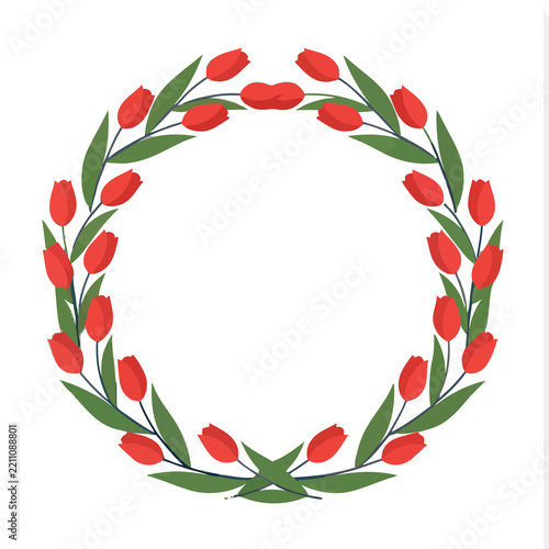 Red tulip wreath with green leaves isolated on transparent background