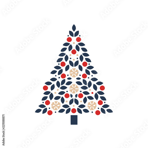 Stylized Christmas Tree with Leaves, Berries, and Snowflakes