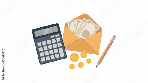 A calculator next to an envelope with money, coins, and a pencil