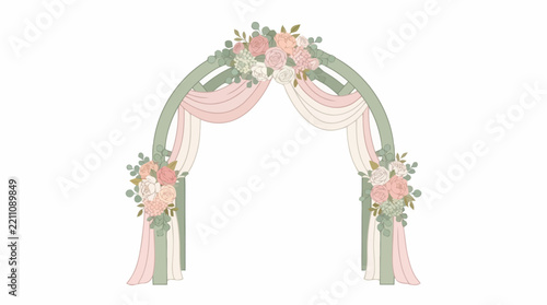 A floral wedding arch decorated with pink roses and draped fabric