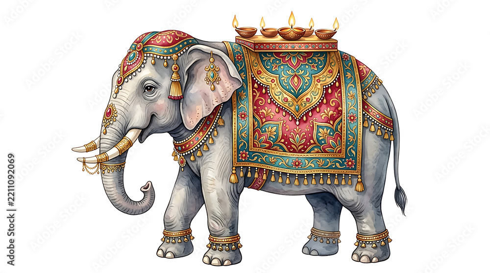 Obraz premium Diwali decorated elephant with traditional lamps isolated on