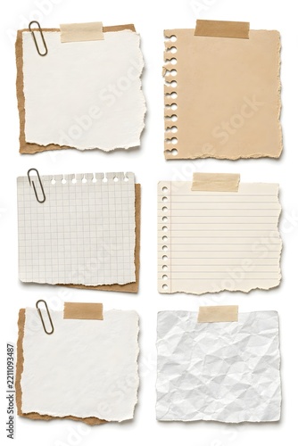 Collection of Blank Torn Paper Notes with Clips and Tape