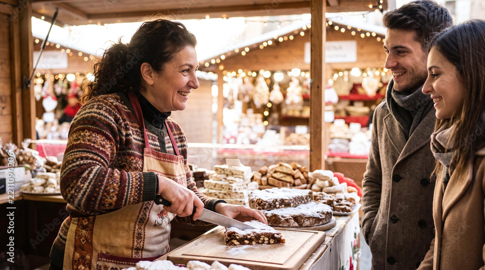 Obraz premium Smiling vendor slicing traditional panforte for a couple at a Christmas market