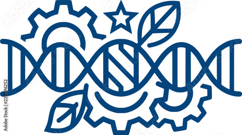 Dna helix with gears and leaves representing biotech innovation
