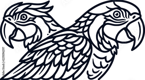 Two parrot heads line art illustration in black and white