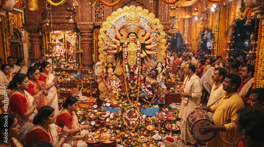 Fototapeta premium Durga Puja festival celebration with devotees praying before the goddess idol in a crowded temple