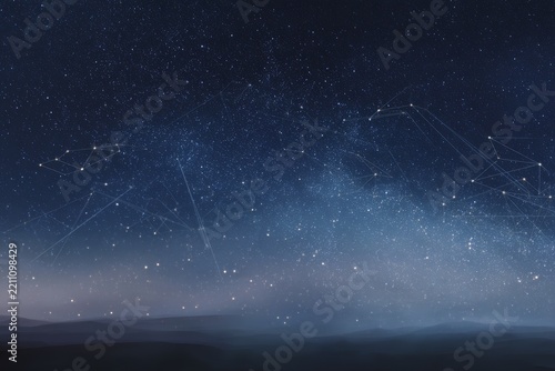 Vast starry sky with connected constellation lines over distant horizon for space background, wallpaper and astronomy poster design