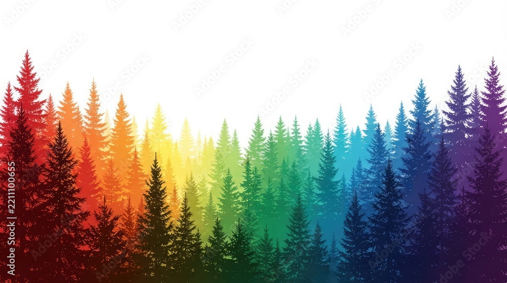 Fototapeta premium Vibrant Rainbow Gradient Pine Forest Illustration Featuring Stylized Coniferous Evergreen Trees in a Colorful Artistic Nature Landscape Setting