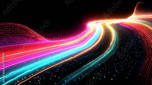 Flowing luminous lines create an abstract digital landscape representing high speed data movement and network connectivity.
